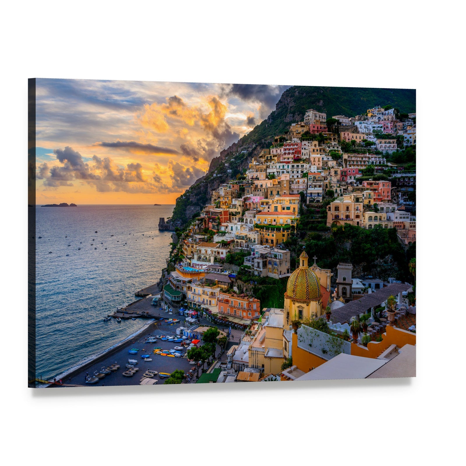 Sunset Over Positano Amalfi Coast Canvas Wall Art, single panel gallery wrapped canvas, angled product view