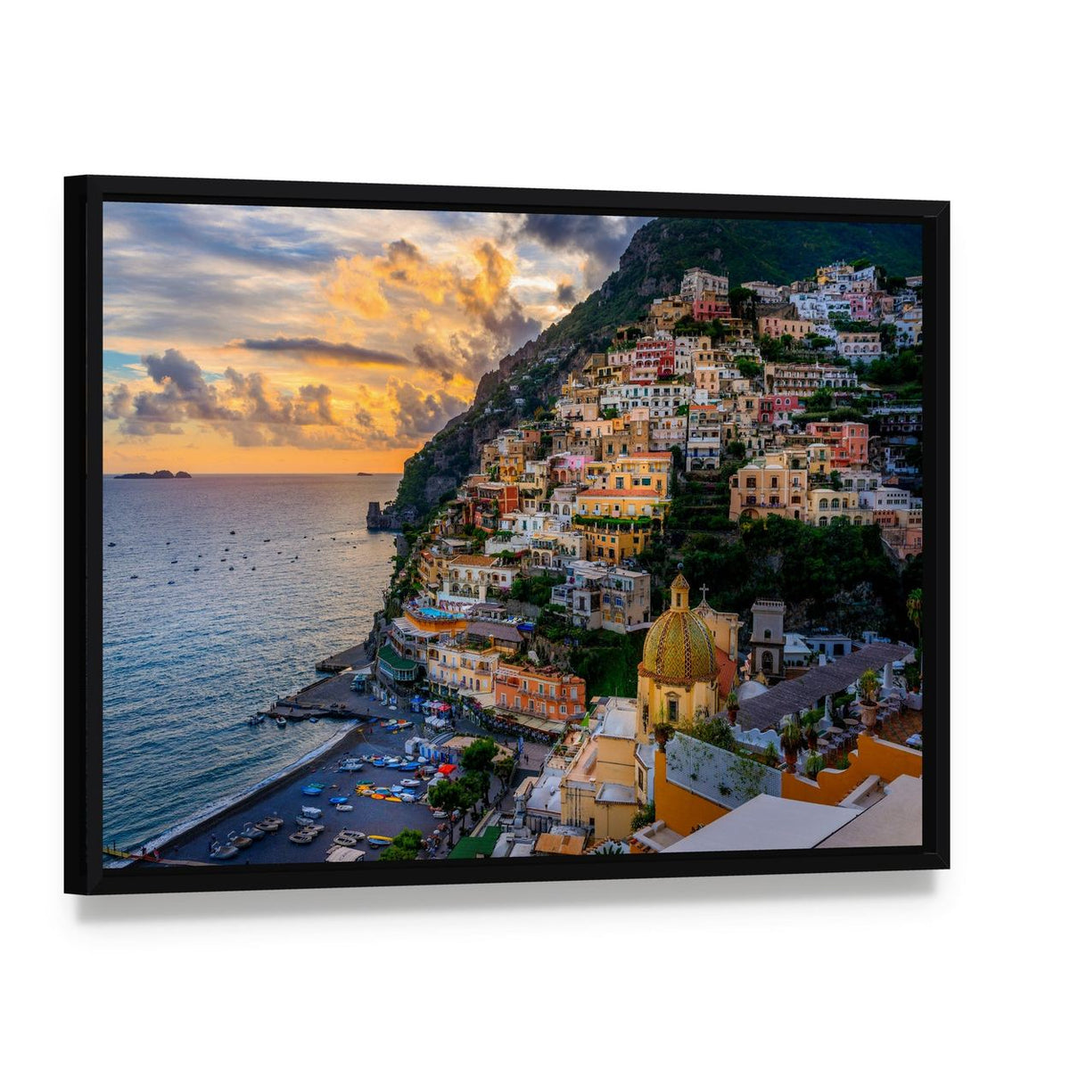 Sunset Over Positano Amalfi Coast Canvas Wall Art, framed canvas in a black floater frame, angled product view