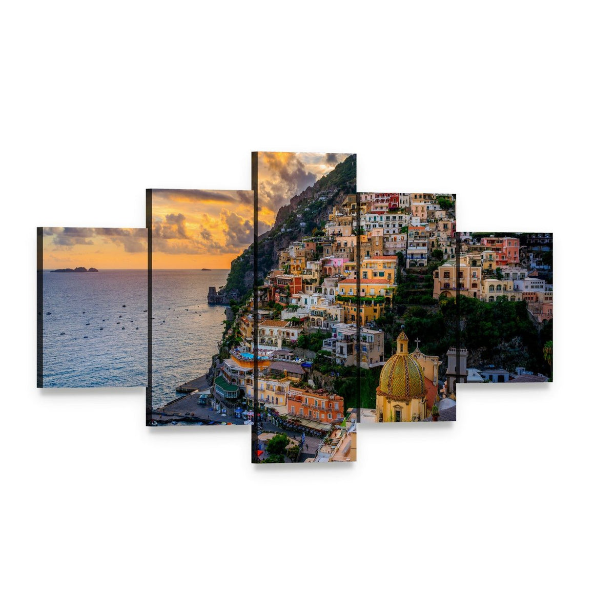 Sunset Over Positano Amalfi Coast Canvas Wall Art, 5 panel 5 Star layout gallery wrapped canvas set, angled product view