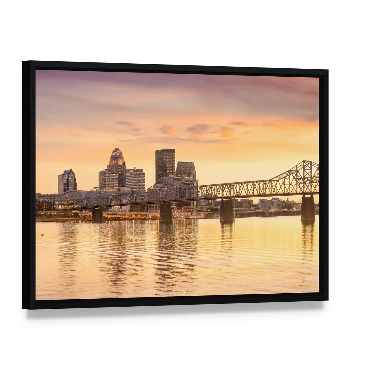 Downtown Louisville Skyline at Sunset Canvas Wall Art, framed canvas in a black floater frame, angled product view