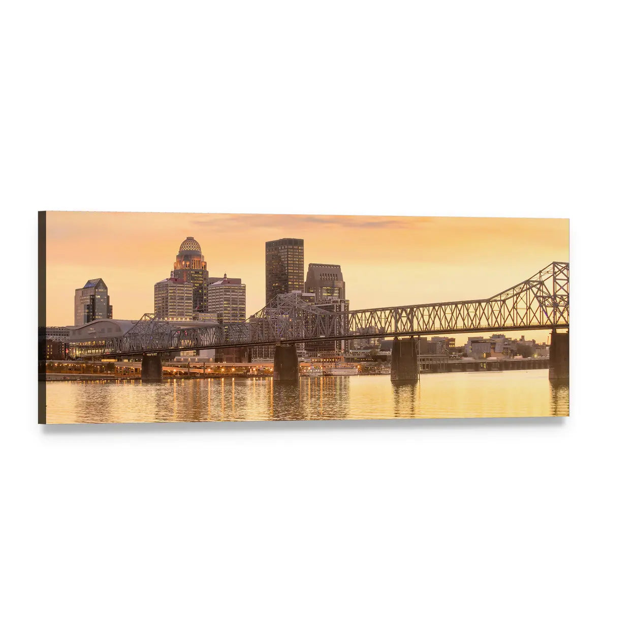 Louisville Skyline at Golden Hour Panoramic Canvas Wall Art, single panel gallery wrapped canvas, angled product view