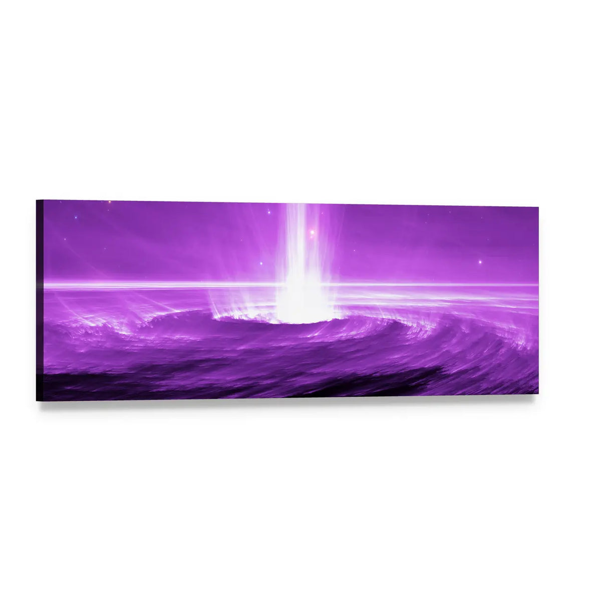 Purple Cosmic Energy Vortex Panoramic Canvas Wall Art, single panel gallery wrapped canvas, angled product view