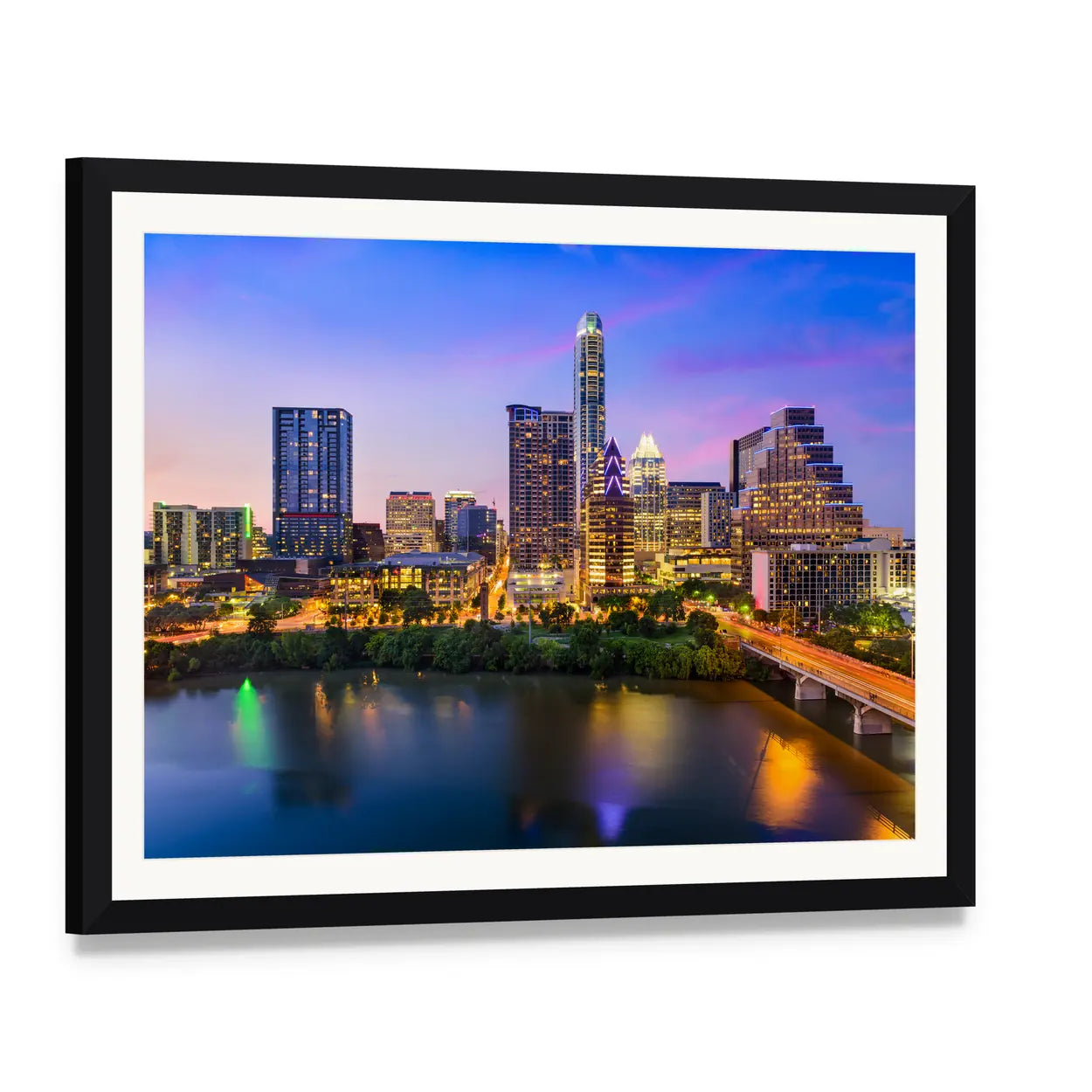 Austin Downtown Night Skyline Canvas Wall Art, framed print with white mat and black frame, angled product view