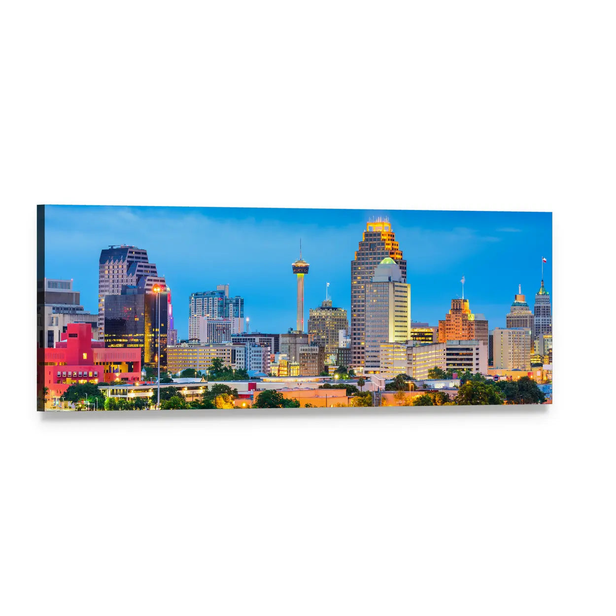 San Antonio Skyline with Tower of the Americas Panoramic Canvas Wall Art, single panel gallery wrapped canvas, angled product view