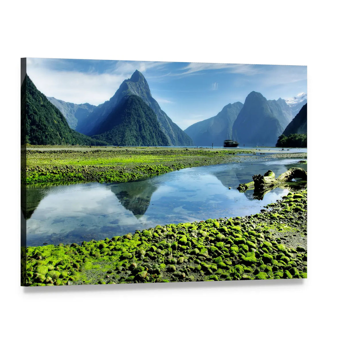 Mitre Peak Reflected on Lake Canvas Wall Art, single panel gallery wrapped canvas, angled product view