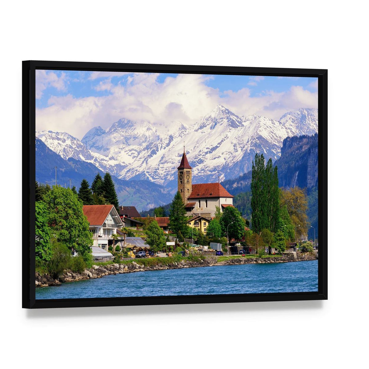 Brienz Town at Lake Switzerland Canvas Wall Art, framed canvas in a black floater frame, angled product view