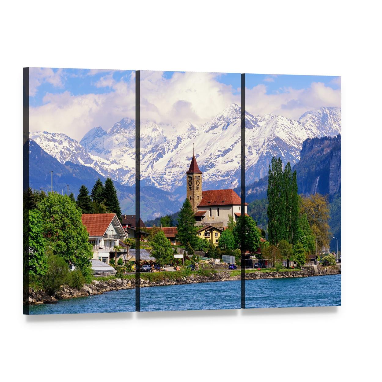 Brienz Town at Lake Switzerland Canvas Wall Art, 3 panel 3 Horizontal layout gallery wrapped canvas set, angled product view