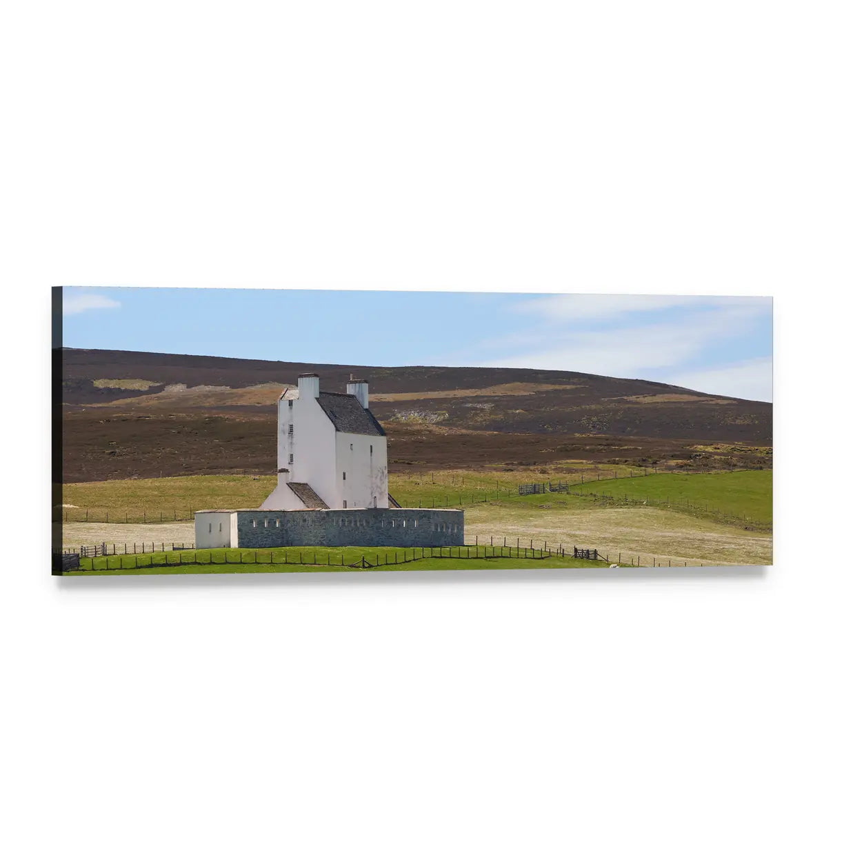 Corgarth Castle on Heather Moorland Panoramic Canvas Wall Art, single panel gallery wrapped canvas, angled product view
