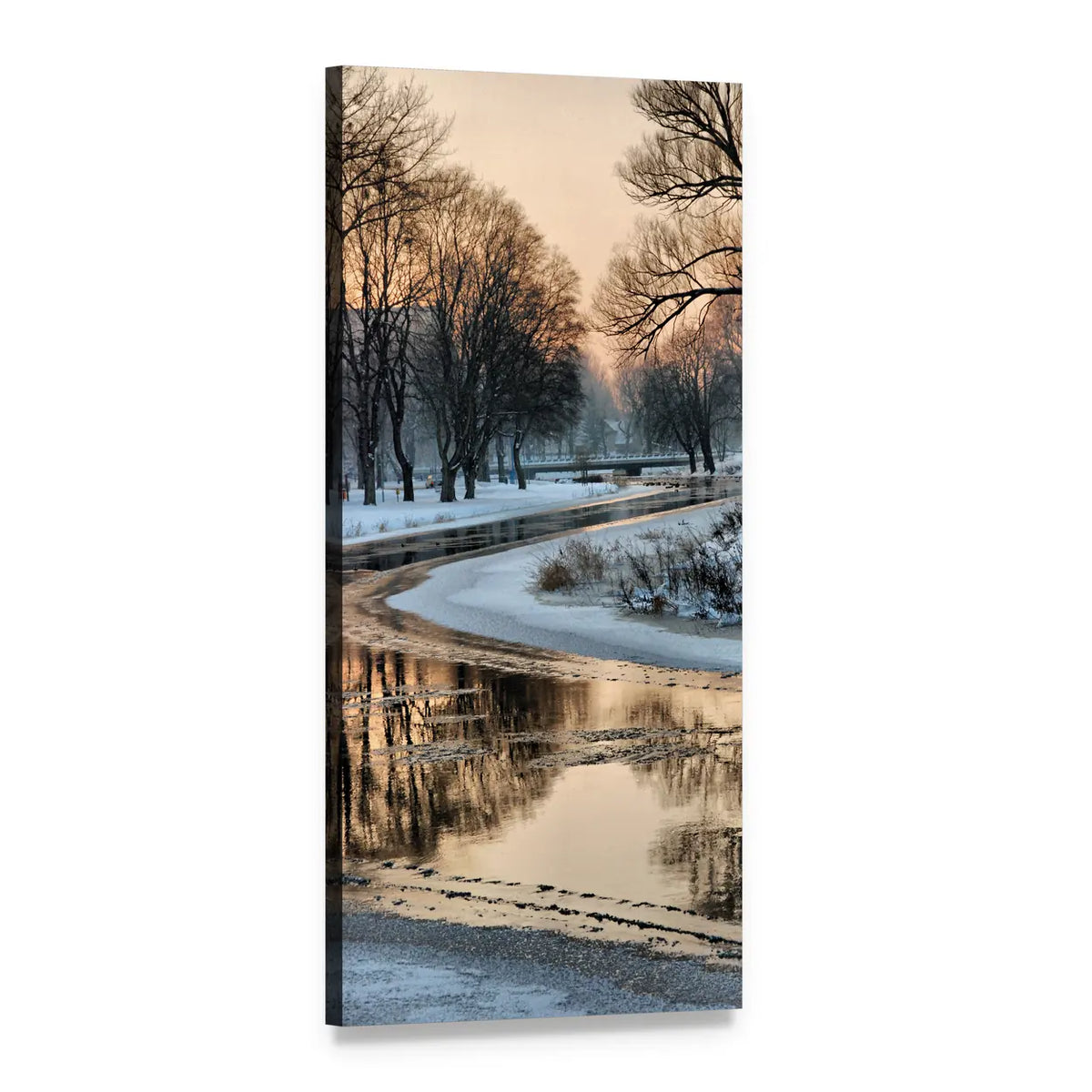 Winding Winter River at Sunset Vertical Canvas Wall Art, 1 panel 1 Vertical layout gallery wrapped canvas set, angled product view