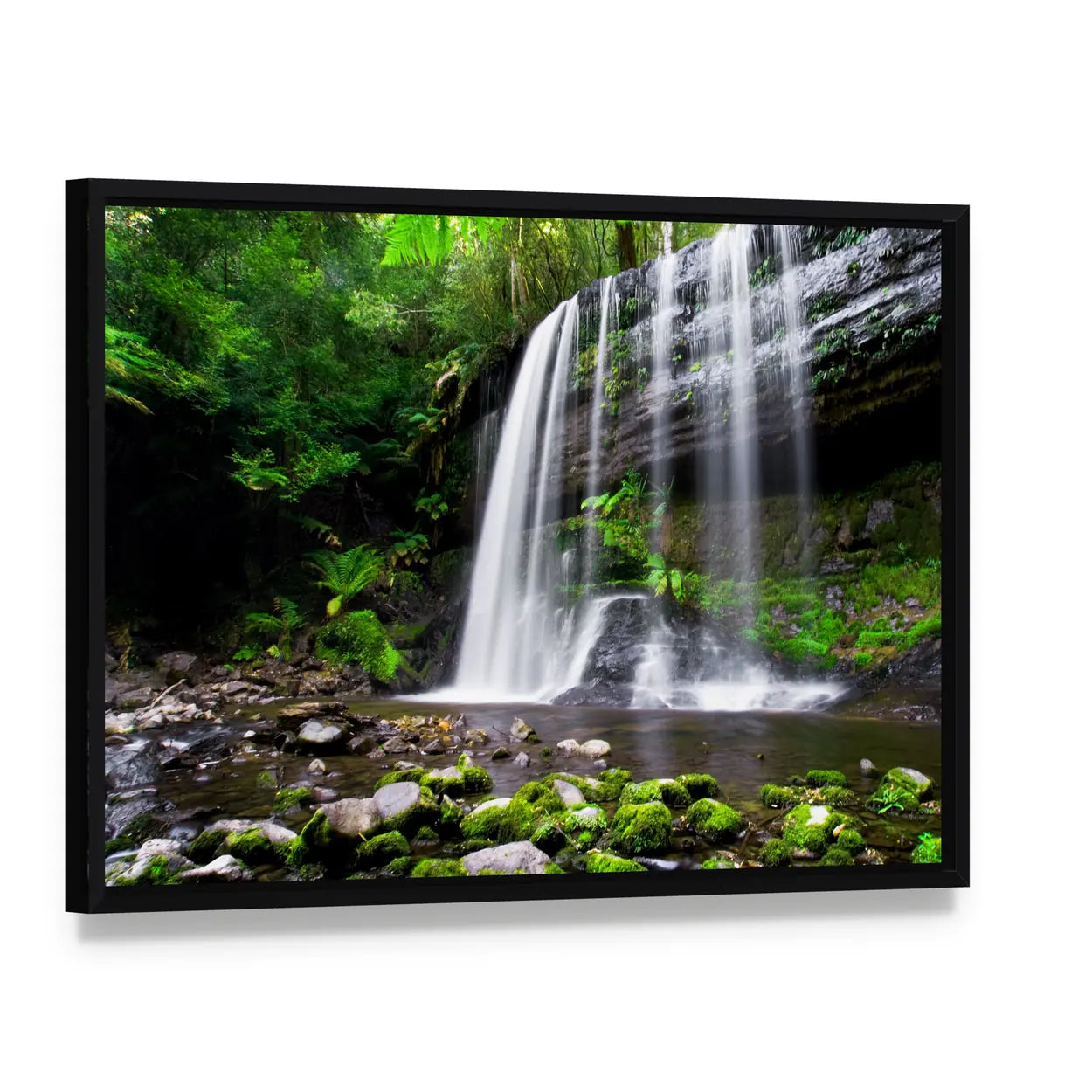 Russell Falls Waterfall in Tasmania Canvas Wall Art, framed canvas in a black floater frame, angled product view
