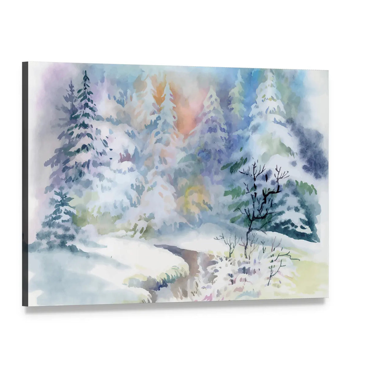 Watercolor Winter Landscape Canvas Wall Art, single panel gallery wrapped canvas, angled product view
