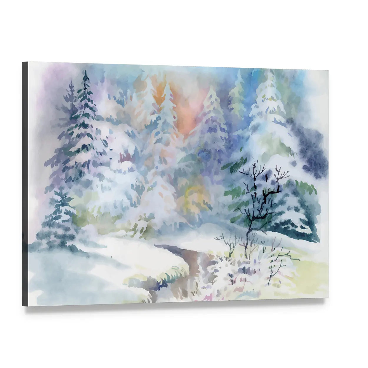 Watercolor Winter Landscape Canvas Wall Art, single panel gallery wrapped canvas, angled product view