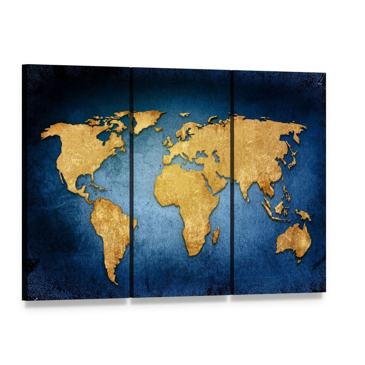 Textured World Map Canvas Wall Art, 3 panel 3 Horizontal layout gallery wrapped canvas set, angled product view