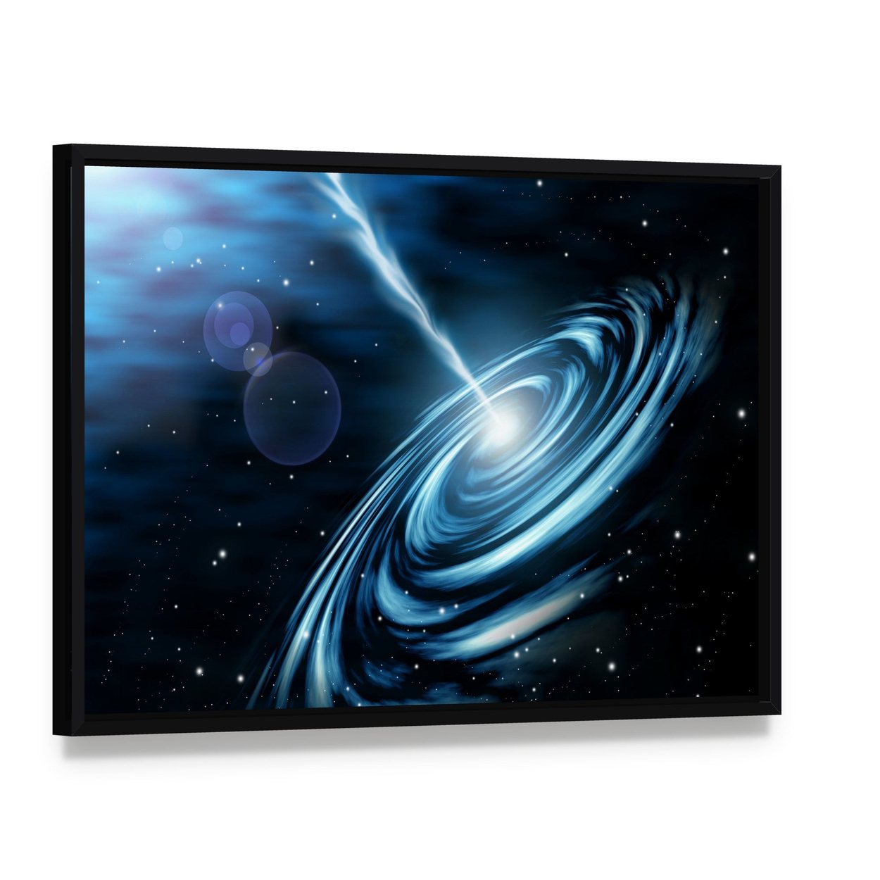 Blue Galaxy with Star Dust Canvas Wall Art, framed canvas in a black floater frame, angled product view