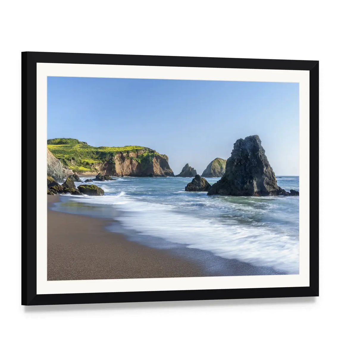 Rodeo Beach Shoreline with Sea Stacks Canvas Wall Art, framed print with white mat and black frame, angled product view