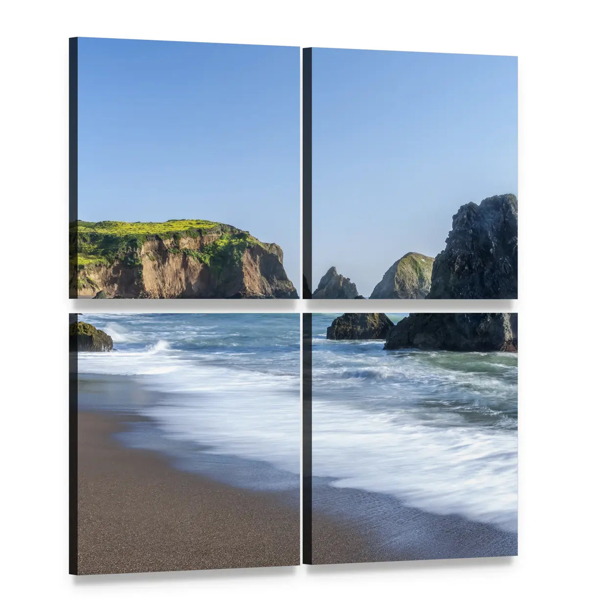 Rodeo Beach Shoreline with Sea Stacks Canvas Wall Art, 4 panel 4 Square layout gallery wrapped canvas set, angled product view