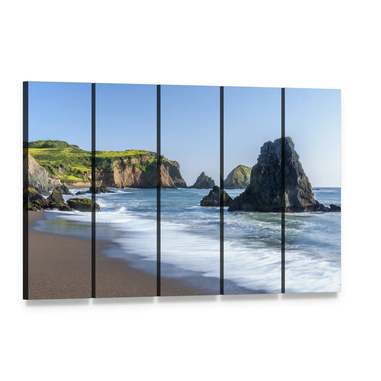 Rodeo Beach Shoreline with Sea Stacks Canvas Wall Art, 5 panel 5 Horizontal layout gallery wrapped canvas set, angled product view