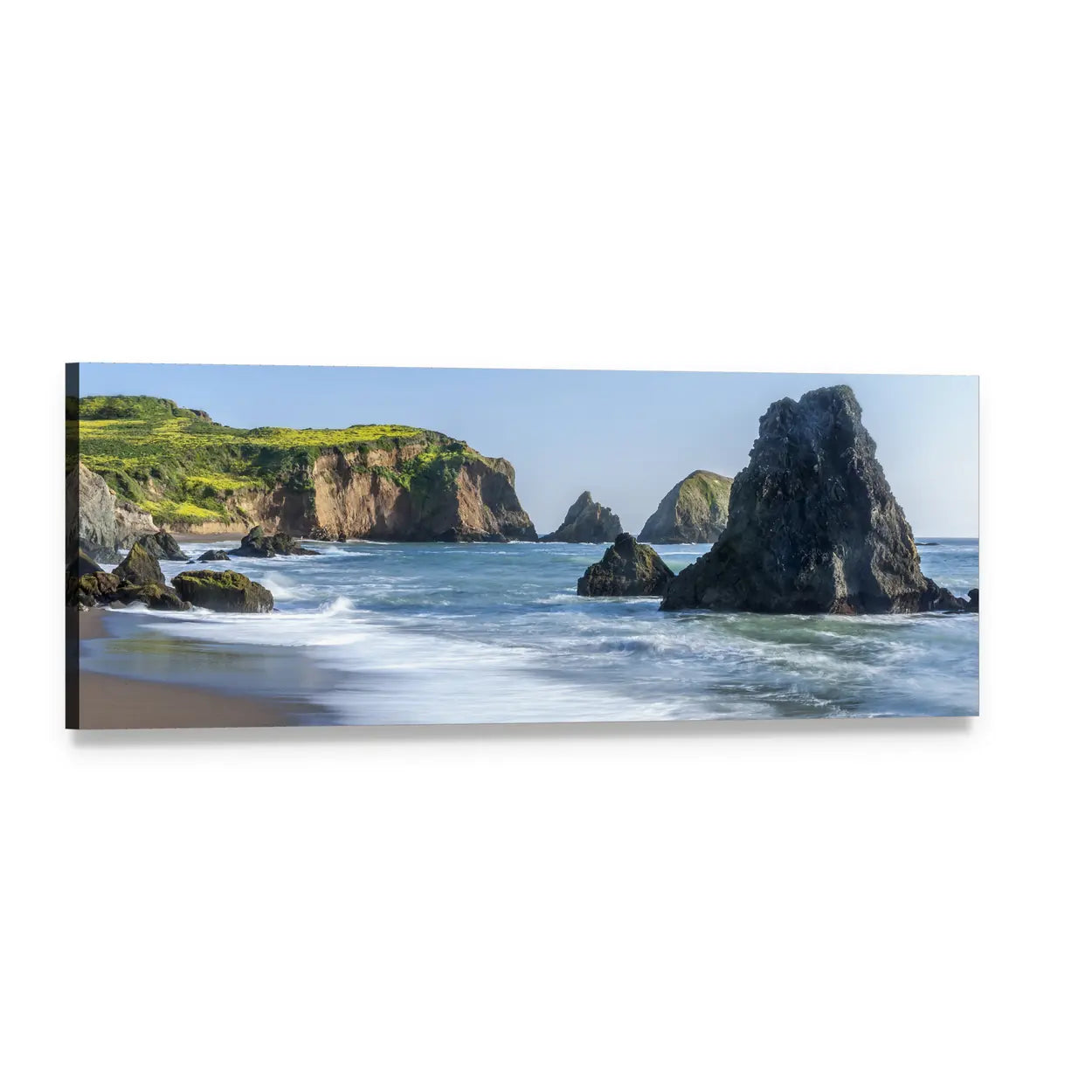 Rodeo Beach Cliffs and Ocean Waves Panoramic Canvas Wall Art, single panel gallery wrapped canvas, angled product view