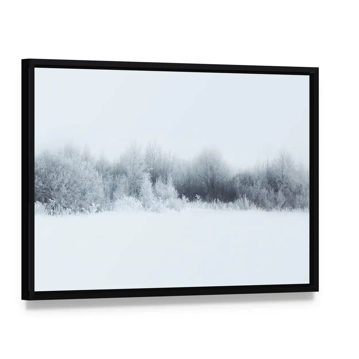 Winter Forest Landscape Canvas Wall Art, framed canvas in a black floater frame, angled product view