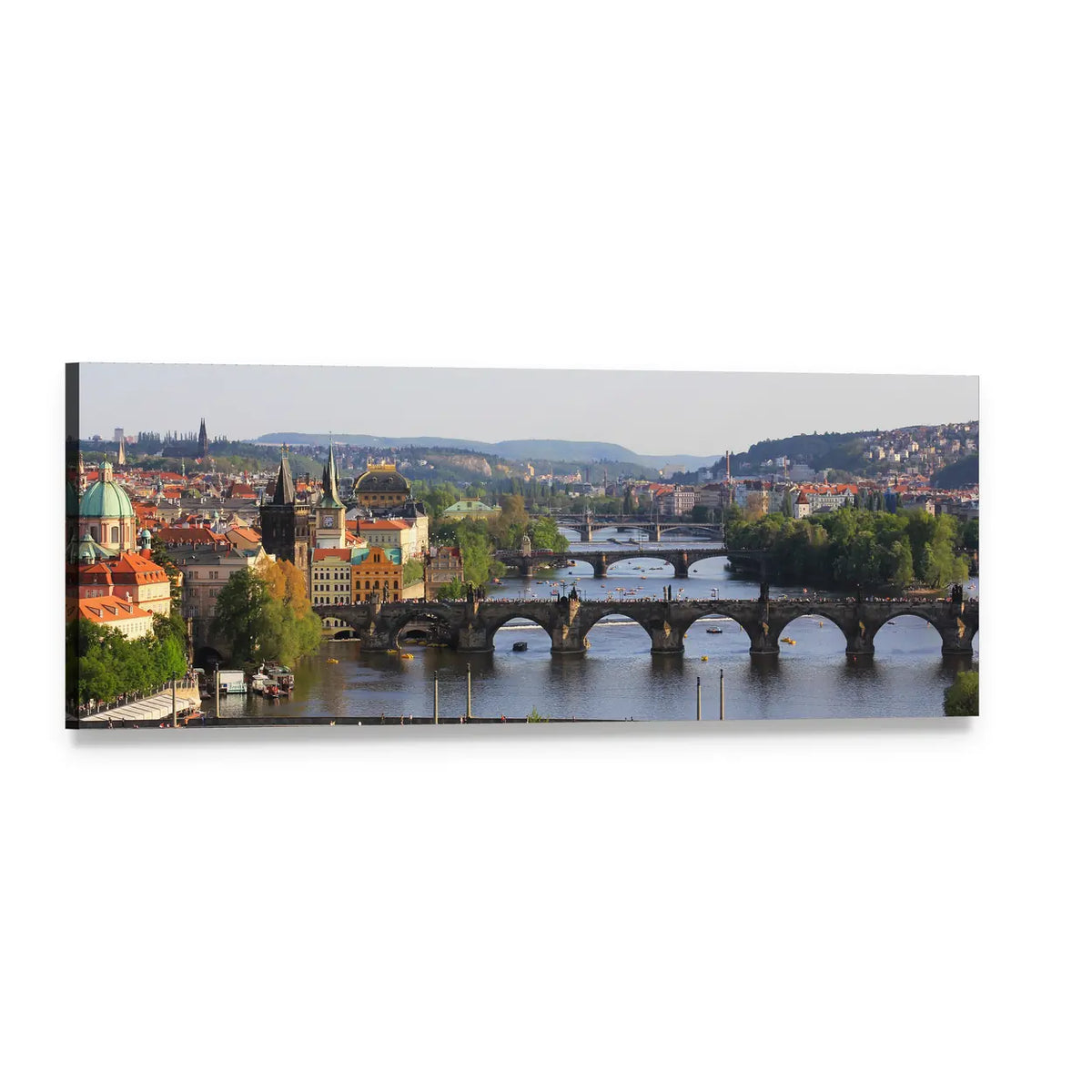 Prague Stone Bridges and Vltava River Panoramic Canvas Wall Art, single panel gallery wrapped canvas, angled product view
