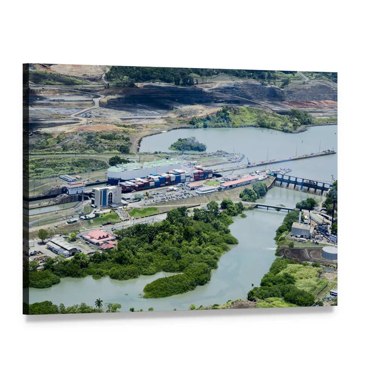 Cargo Ship at Panama Canal Locks Canvas Wall Art, single panel gallery wrapped canvas, angled product view
