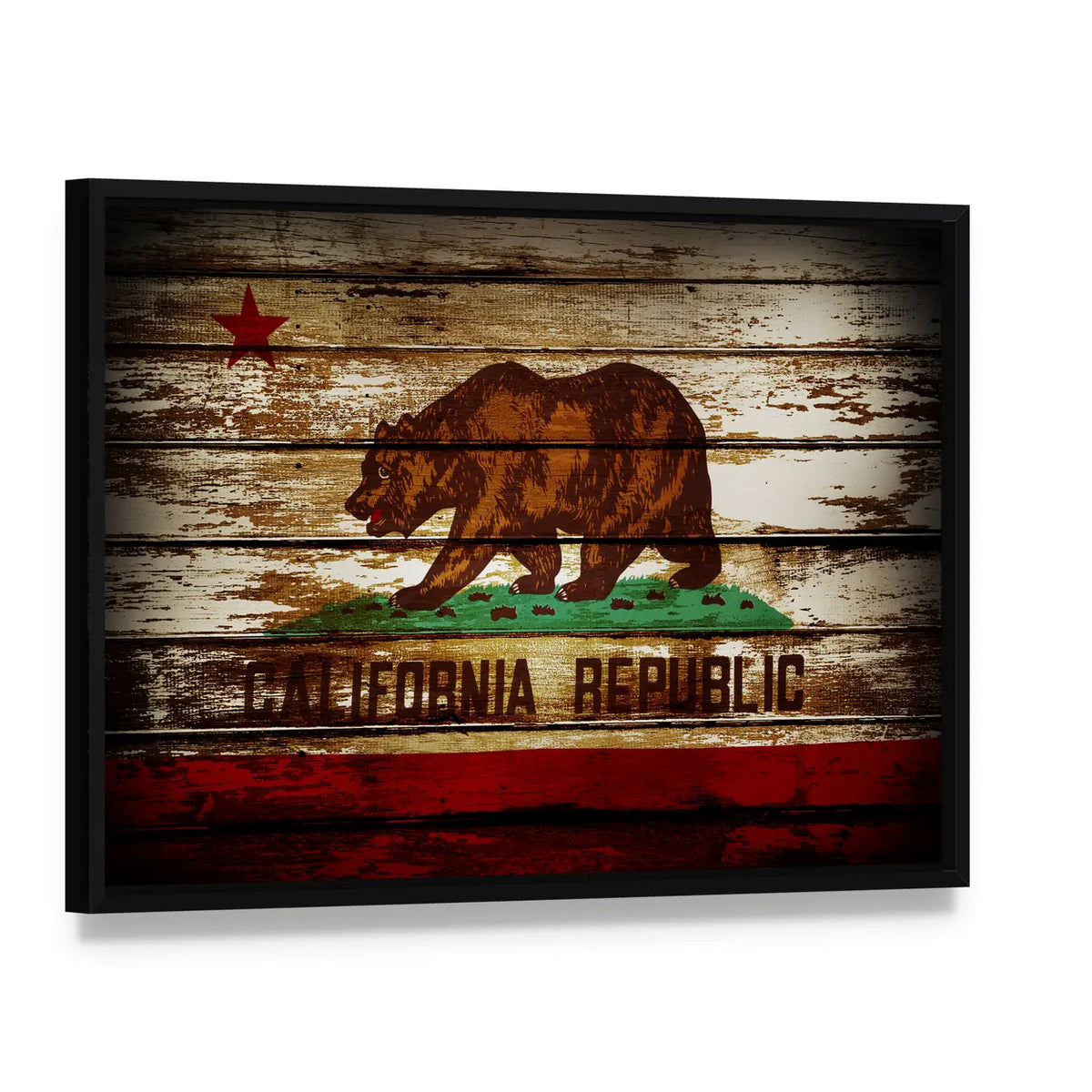 Grunge California Republic Flag Canvas Wall Art, framed canvas in a black floater frame, angled product view