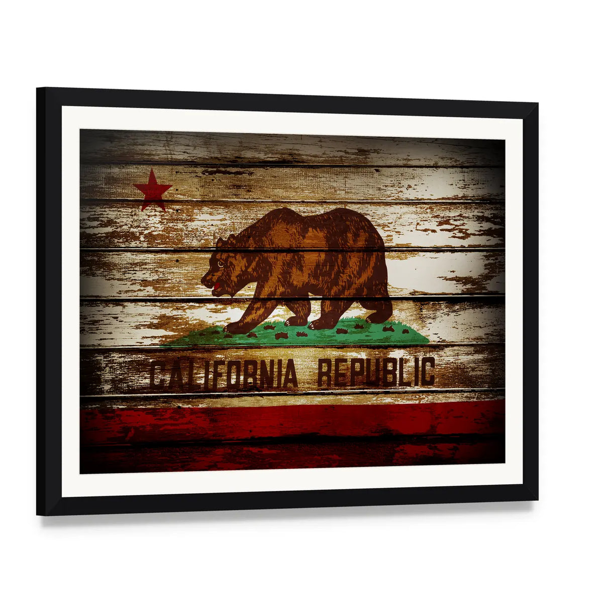 Grunge California Republic Flag Canvas Wall Art, framed print with white mat and black frame, angled product view