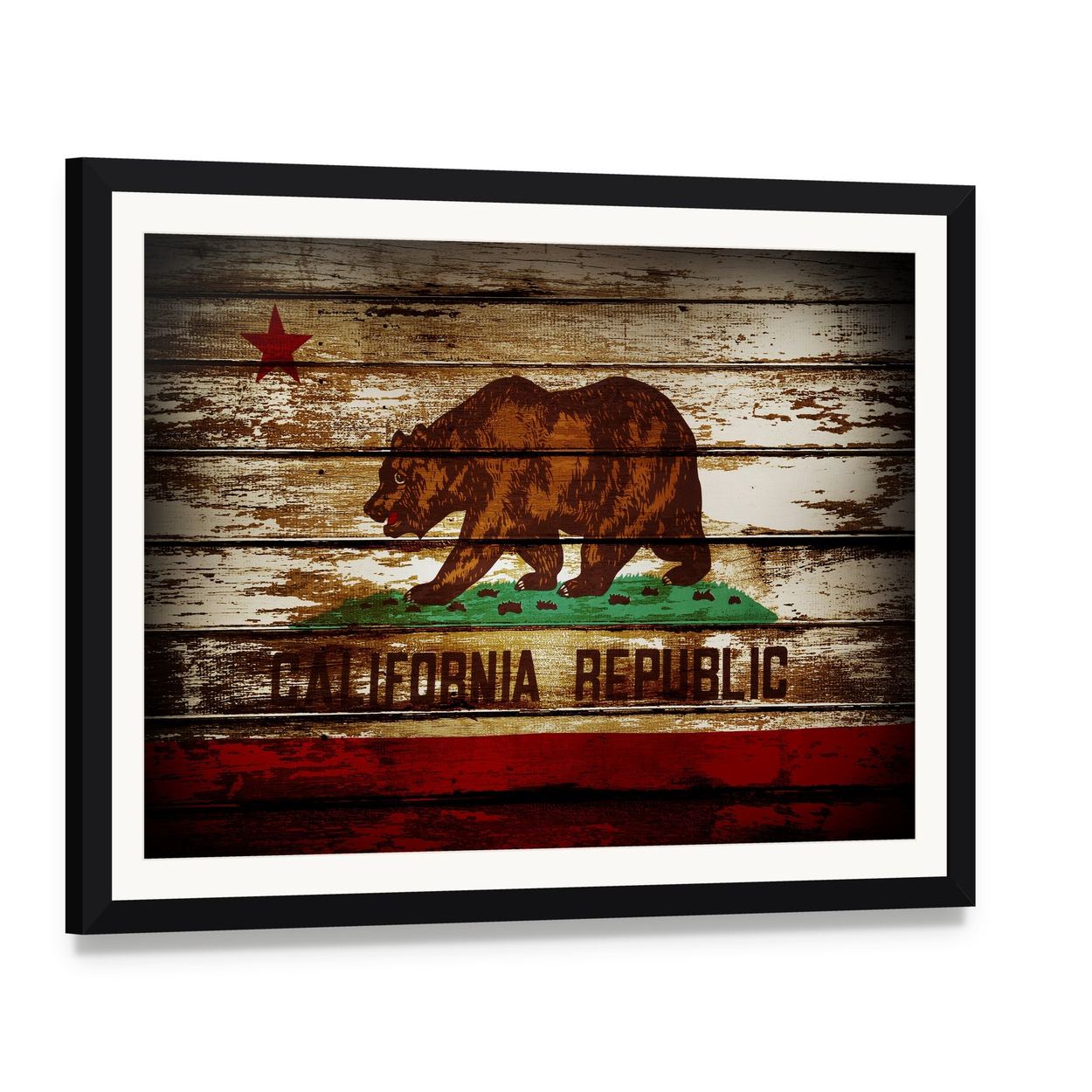 Grunge California Republic Flag Canvas Wall Art, framed print with white mat and black frame, angled product view