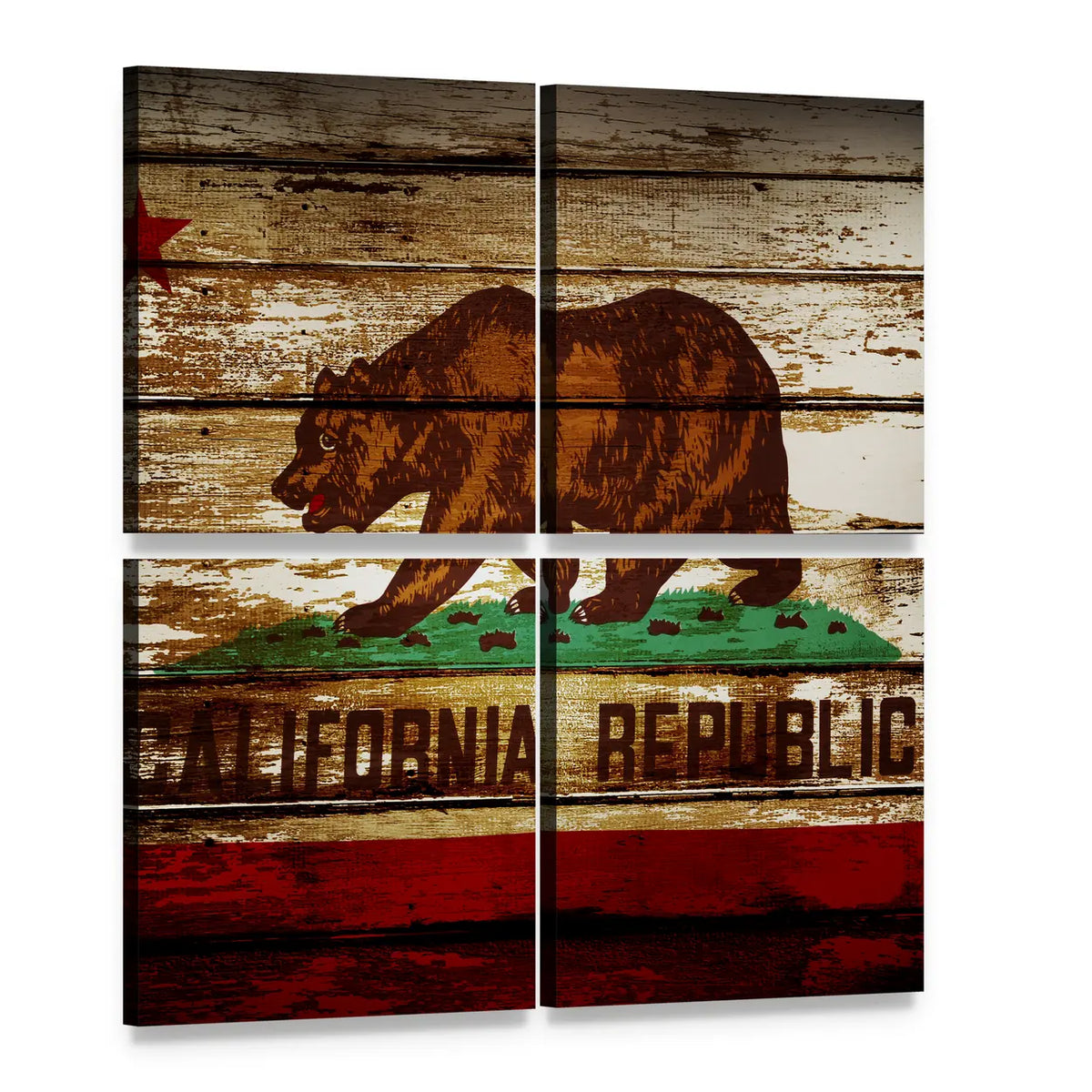 Grunge California Republic Flag Canvas Wall Art, 4 panel 4 Square layout gallery wrapped canvas set, angled product view