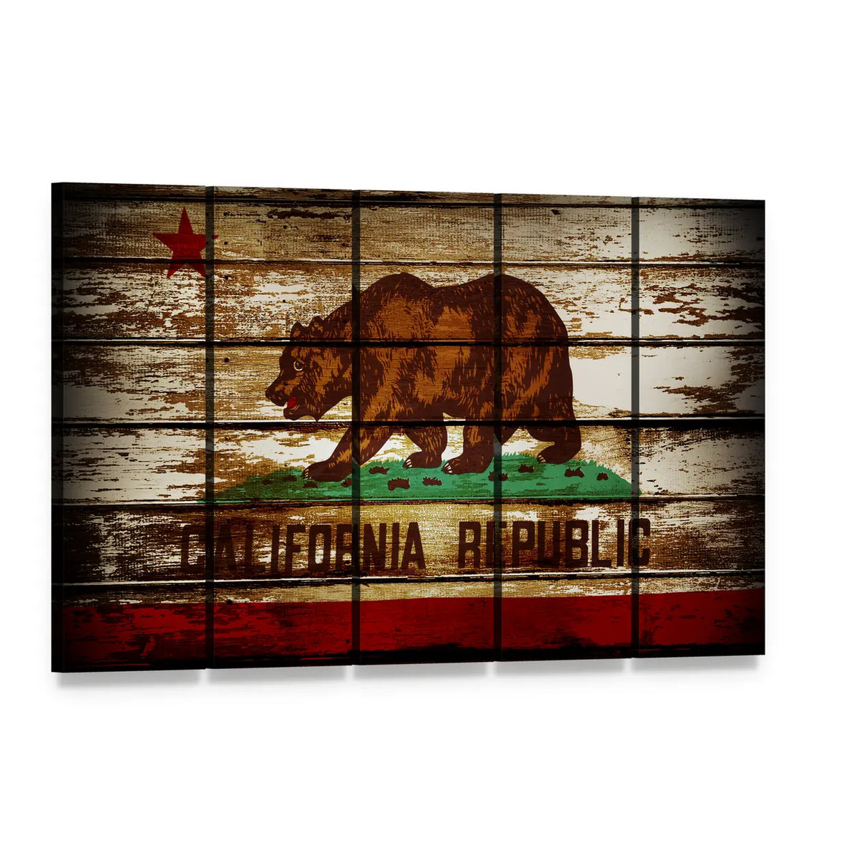 Grunge California Republic Flag Canvas Wall Art, 5 panel 5 Horizontal layout gallery wrapped canvas set, angled product view
