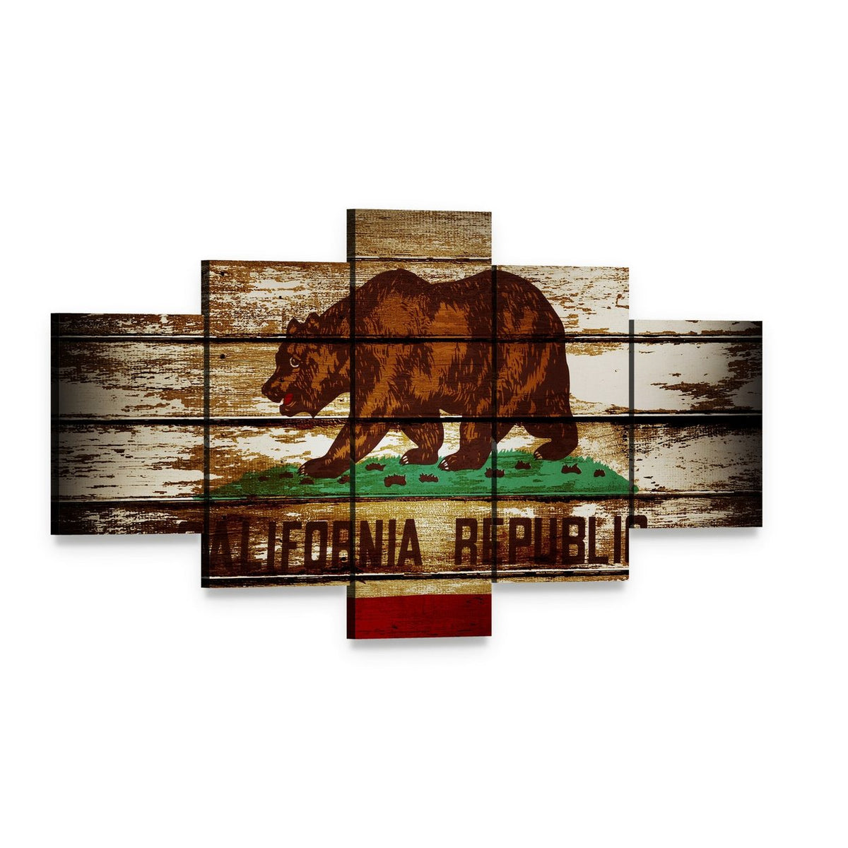 Grunge California Republic Flag Canvas Wall Art, 5 panel 5 Star layout gallery wrapped canvas set, angled product view