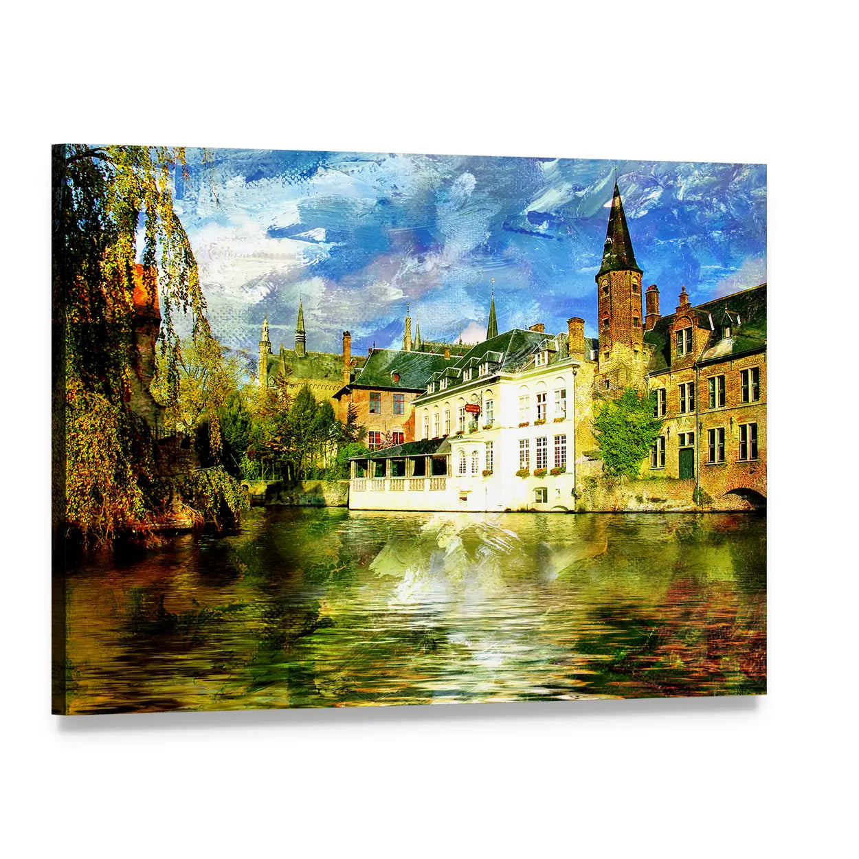 Belgian Canal in a Small Town Canvas Wall Art, single panel gallery wrapped canvas, angled product view