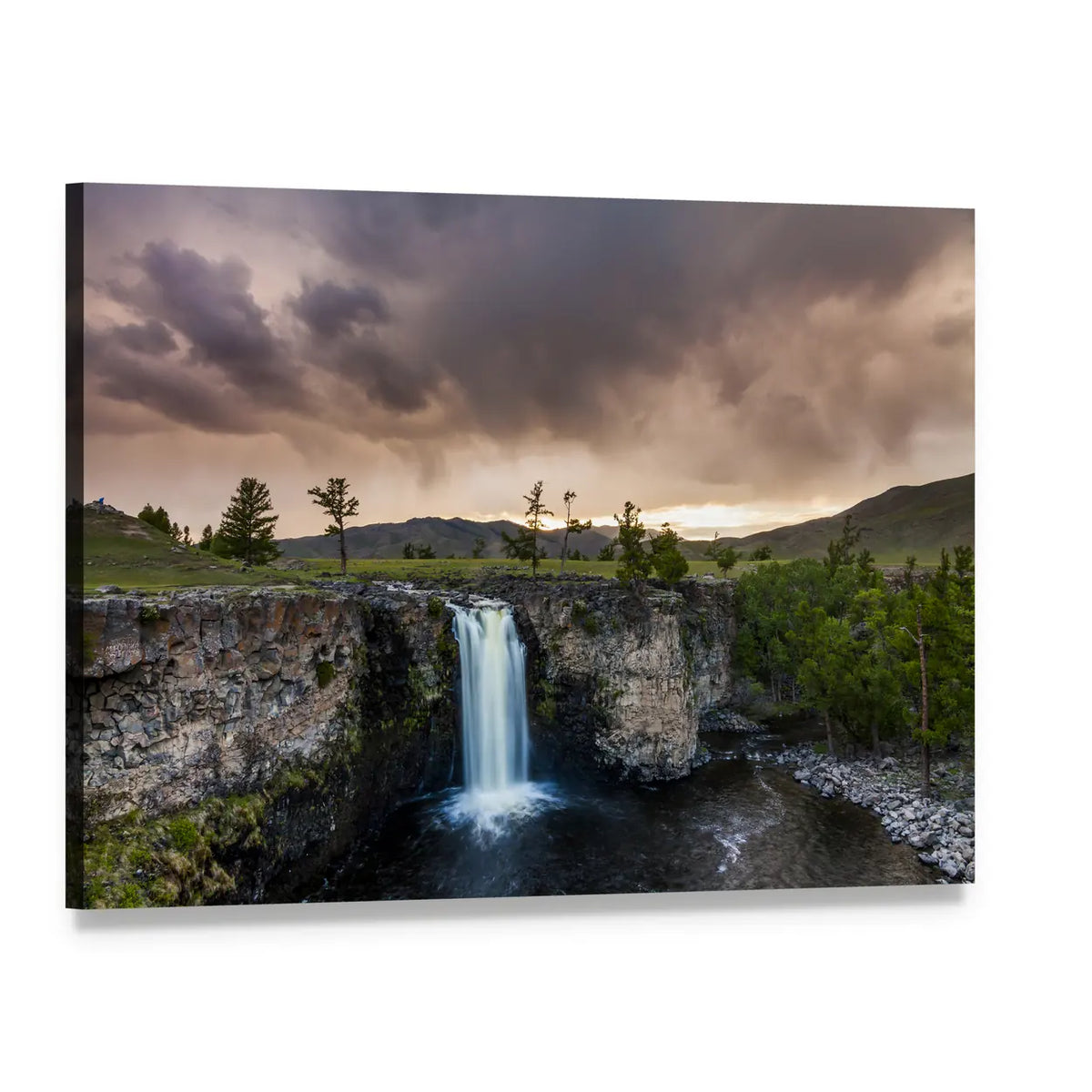 Mongolian Waterfall Under Stormy Sky Canvas Wall Art, single panel gallery wrapped canvas, angled product view