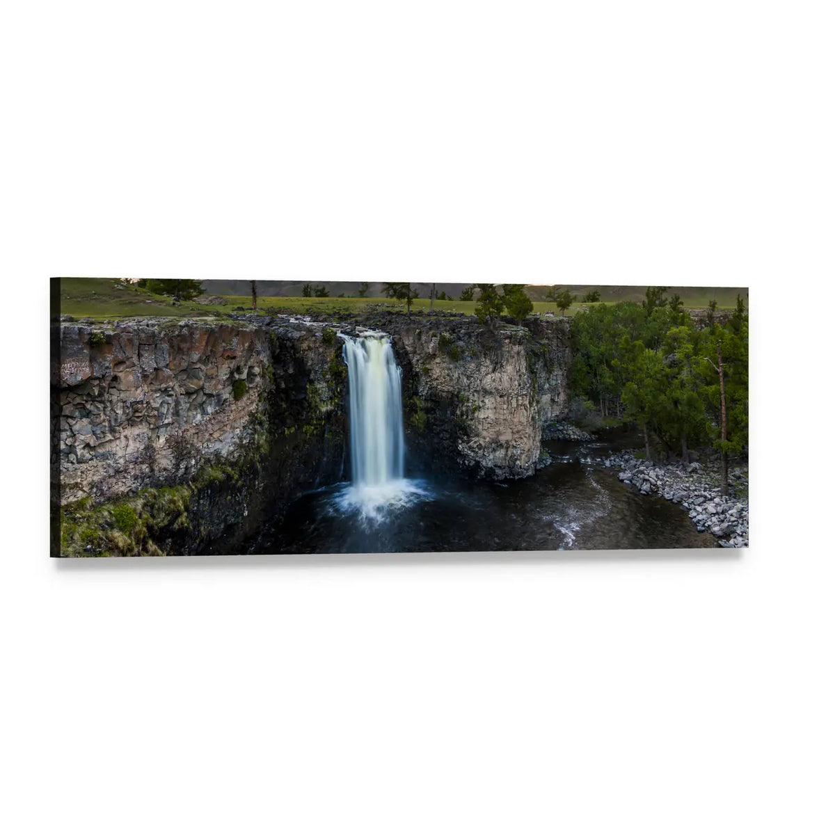 Waterfall in Mongolia Panoramic Canvas Wall Art, single panel gallery wrapped canvas, angled product view