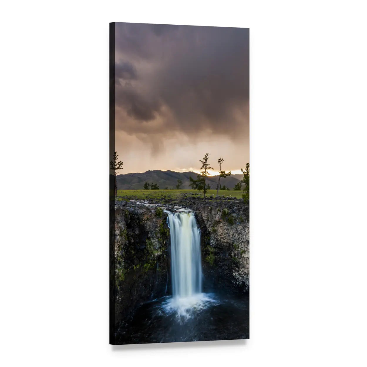 Waterfall in Mongolia Vertical Canvas Wall Art, 1 panel 1 Vertical layout gallery wrapped canvas set, angled product view