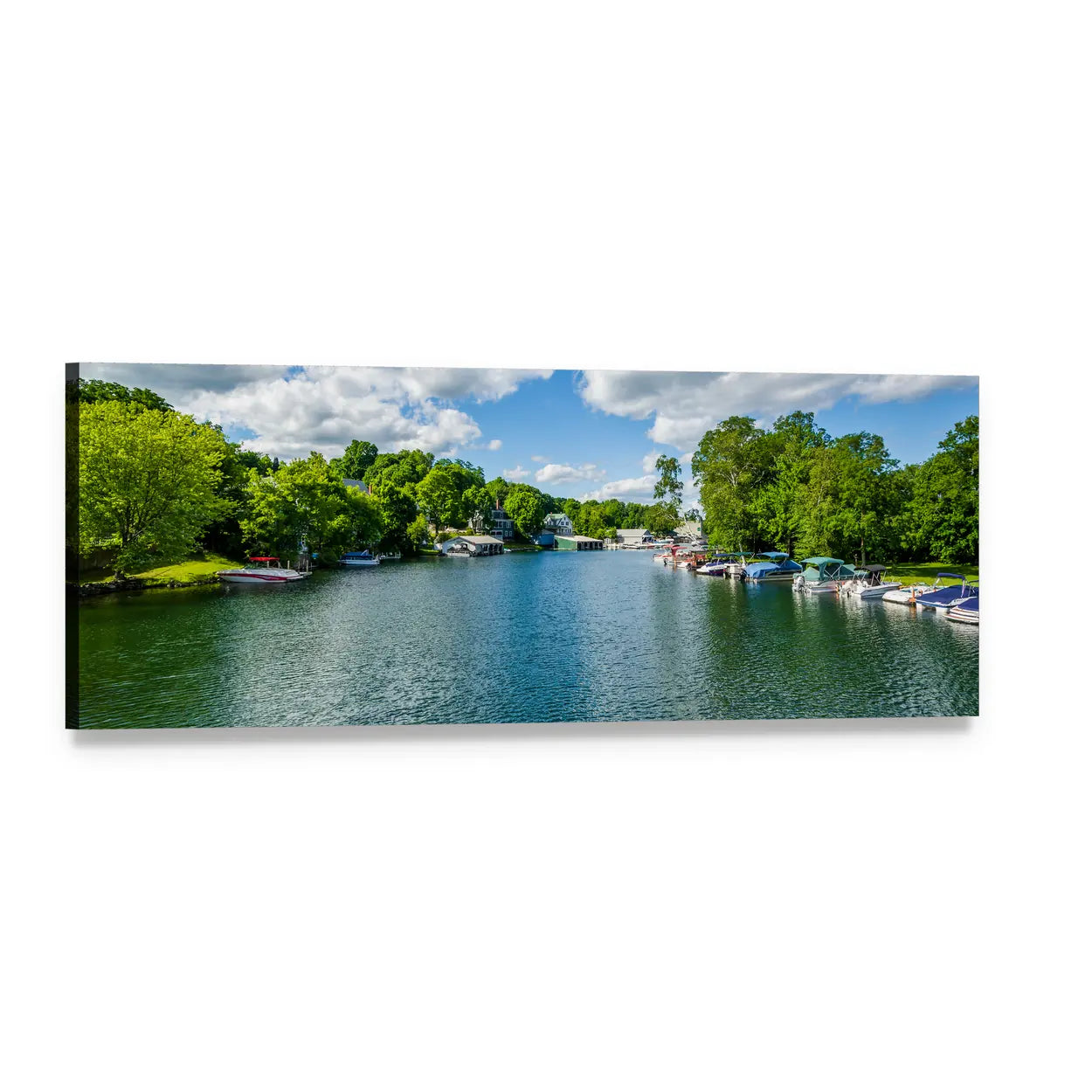 Winnipesaukee River with Docked Motorboats Panoramic Canvas Wall Art, single panel gallery wrapped canvas, angled product view