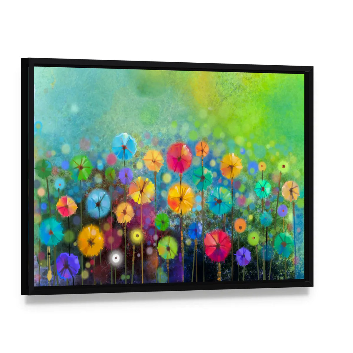 Watercolor Abstract Floral Field Canvas Wall Art, framed canvas in a black floater frame, angled product view