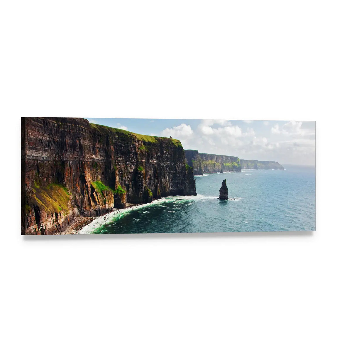 Cliffs of Moher Coastal View with Sea Stack Panoramic Canvas Wall Art, single panel gallery wrapped canvas, angled product view