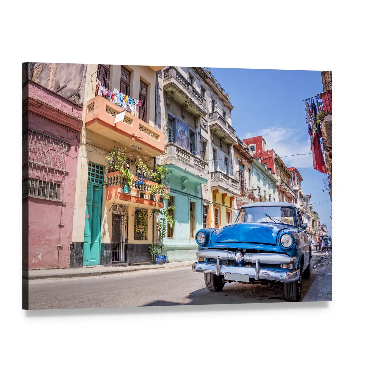 Blue Vintage Car on Cobblestone Street Canvas Wall Art, single panel gallery wrapped canvas, angled product view