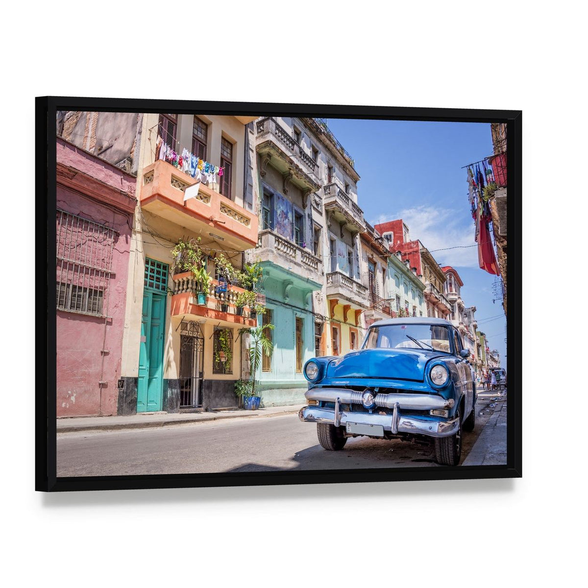 Vintage Blue Car in Havana Street Scene Canvas Wall Art, framed canvas in a black floater frame, angled product view