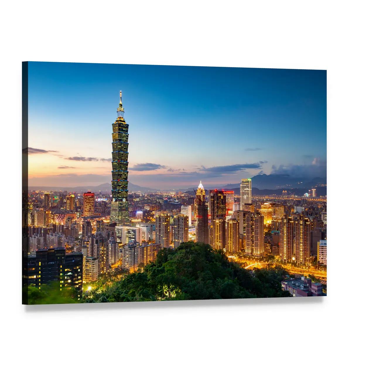 Taipei 101 Skyline at Golden Hour Canvas Wall Art, single panel gallery wrapped canvas, angled product view