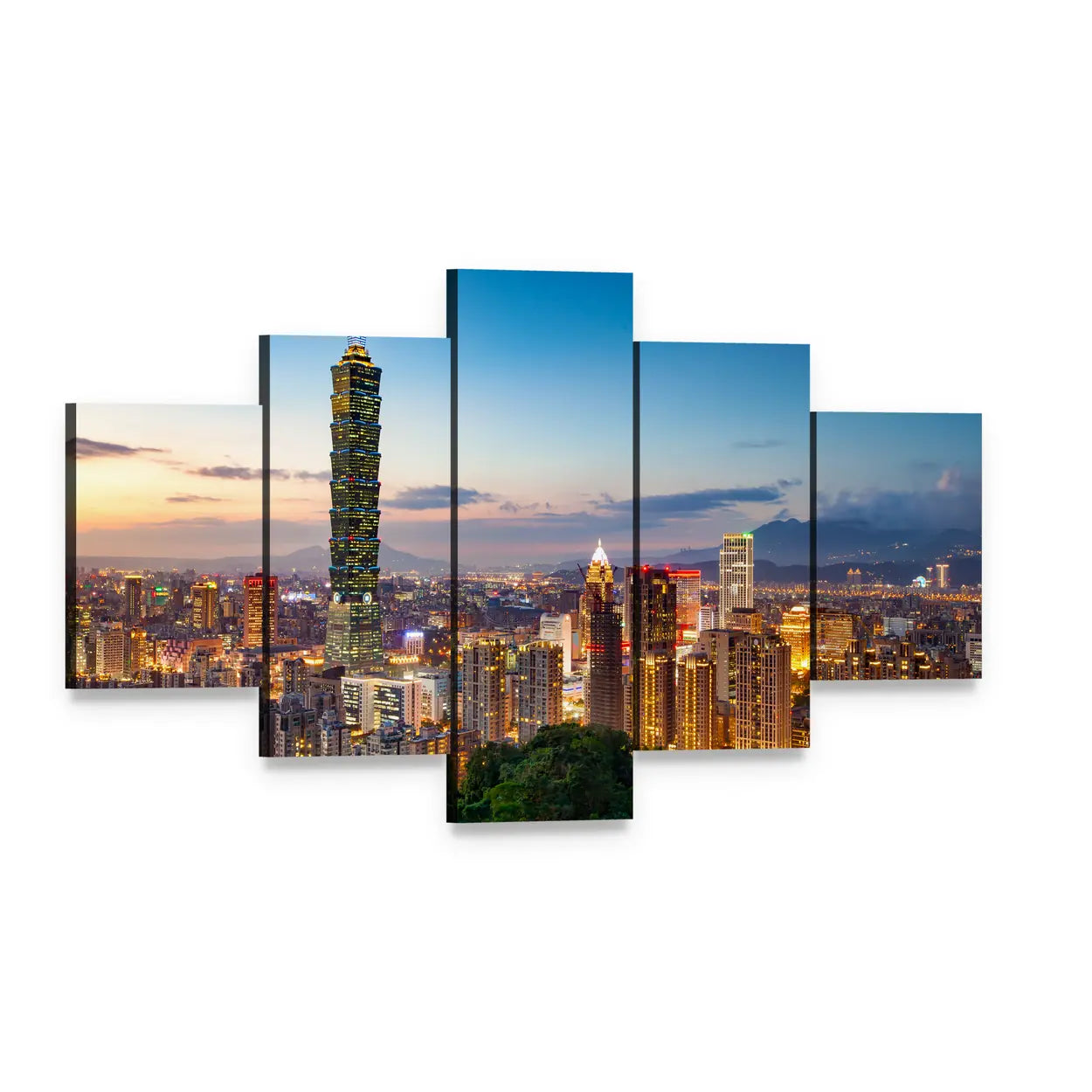 Taipei City Skyline at Twilight Canvas Wall Art, 5 panel 5 Star layout gallery wrapped canvas set, angled product view