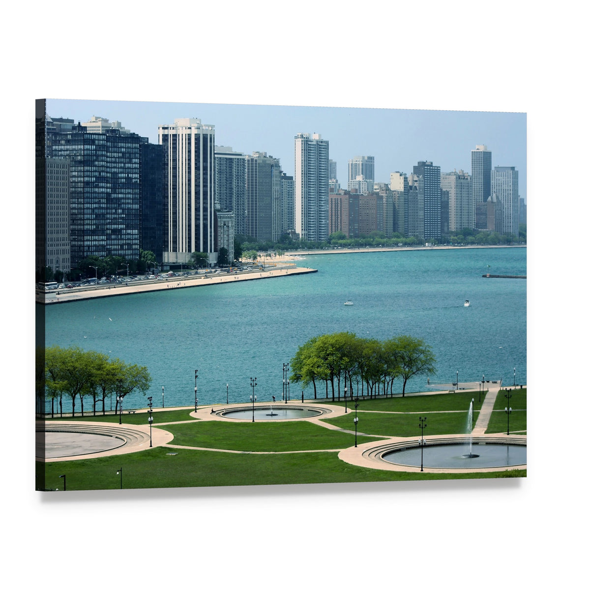 Chicago Cityscape with Lake Canvas Wall Art, single panel gallery wrapped canvas, angled product view