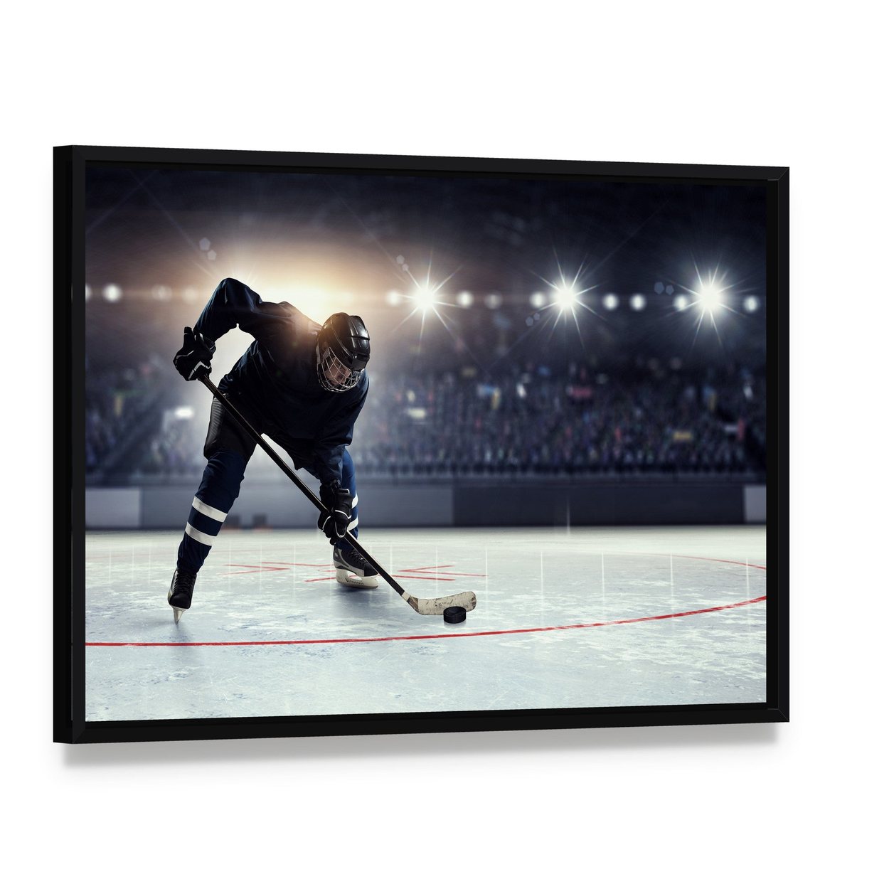 Dynamic Hockey Player on Ice Rink Canvas Wall Art, framed canvas in a black floater frame, angled product view