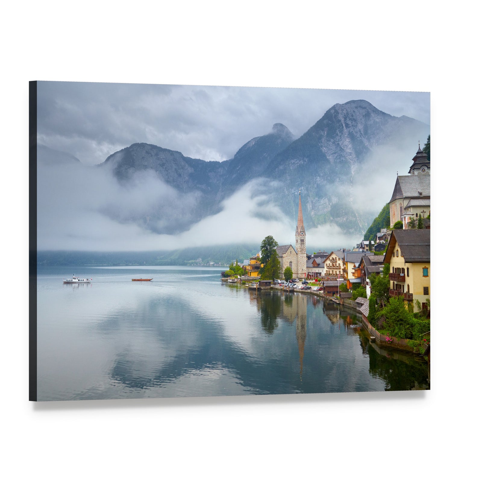 Serene Hallstatt Mountain Village Reflection Canvas Wall Art, single panel gallery wrapped canvas, angled product view