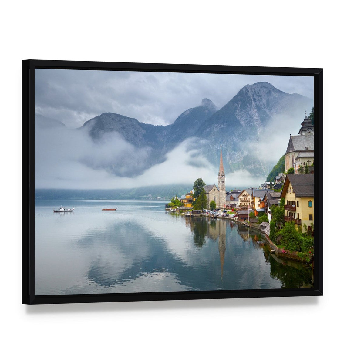 Serene Hallstatt Mountain Village Reflection Canvas Wall Art, framed canvas in a black floater frame, angled product view