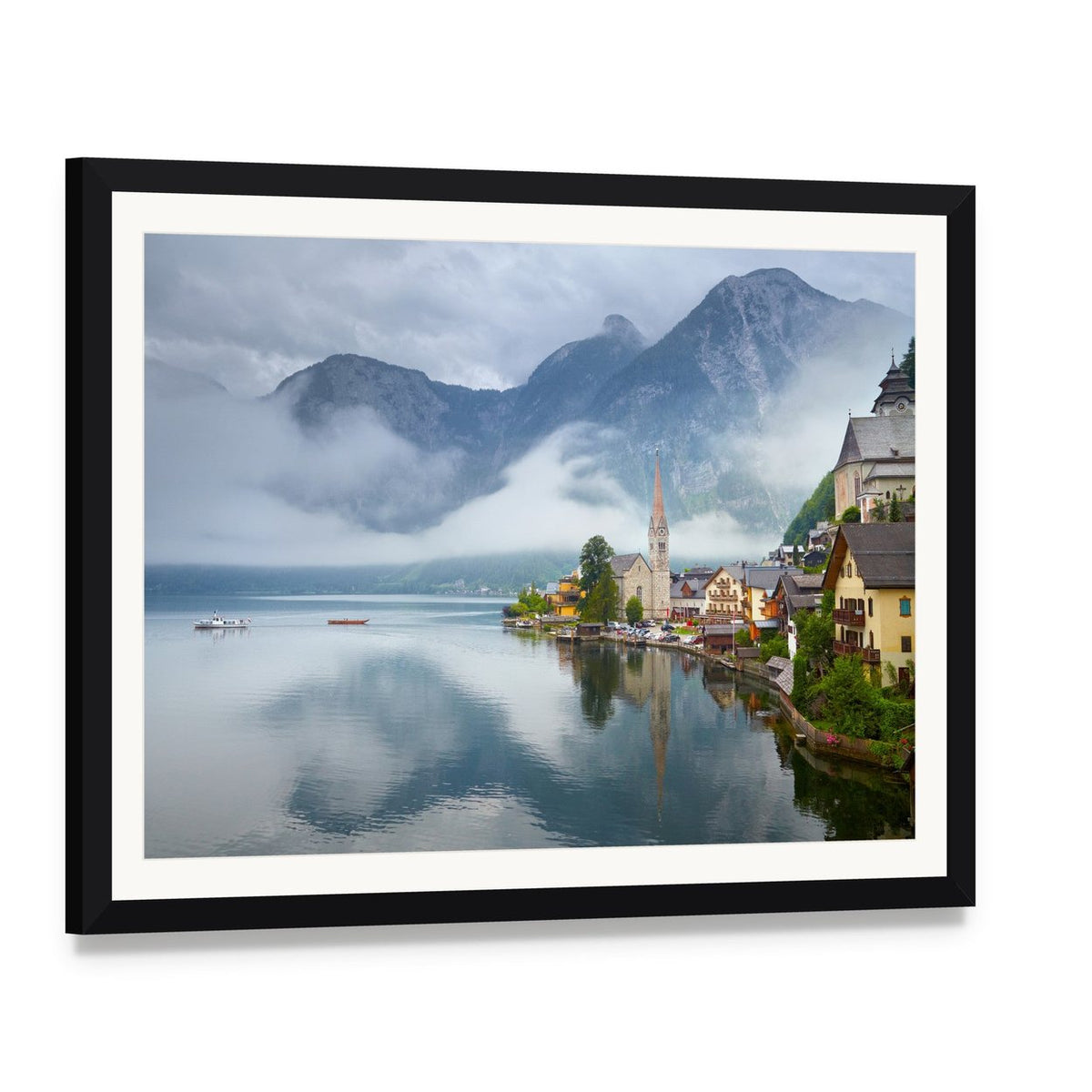 Serene Hallstatt Mountain Village Reflection Canvas Wall Art, framed print with white mat and black frame, angled product view