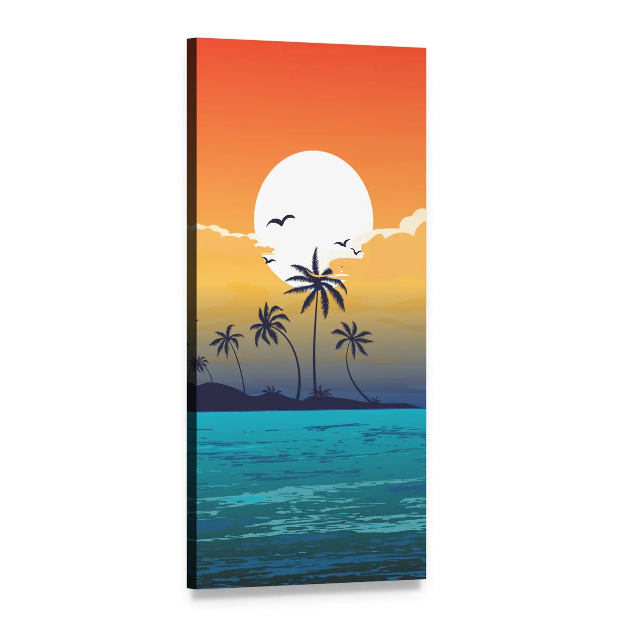 Tropical Sunset with Palm Silhouettes Vertical Canvas Wall Art, 1 panel 1 Vertical layout gallery wrapped canvas set, angled product view