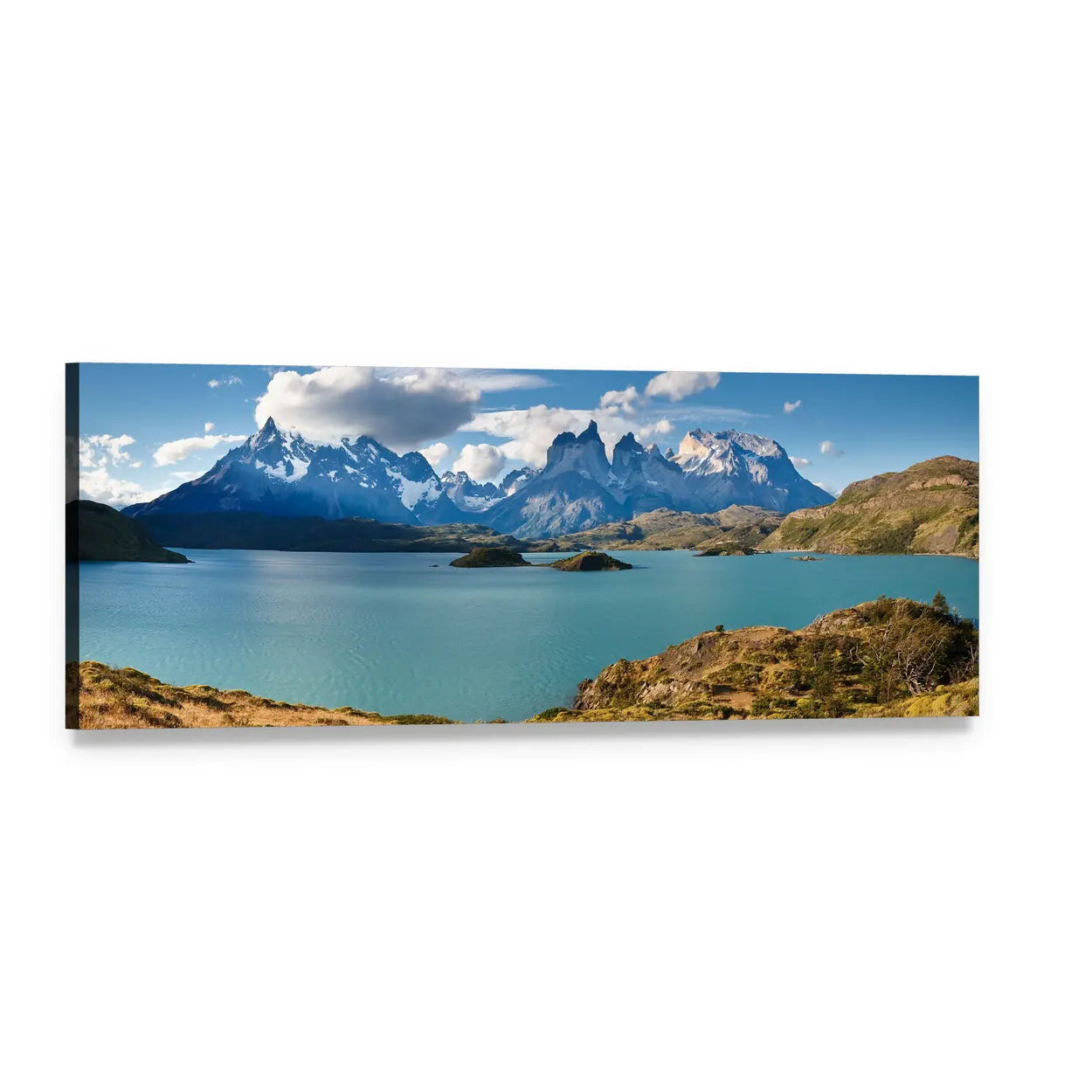 Torres Del Paine Glacial Lake and Peaks Panoramic Canvas Wall Art, single panel gallery wrapped canvas, angled product view
