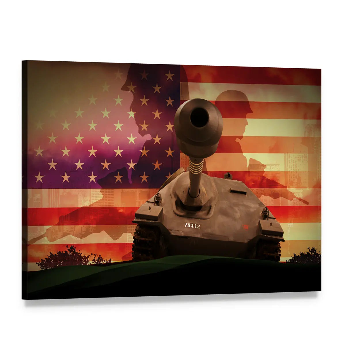 Soldier Silhouette with Tank and American Flag Canvas Wall Art, single panel gallery wrapped canvas, angled product view